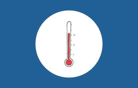 Blå bakgrund och en vit cirkel med en termometer inuti.
