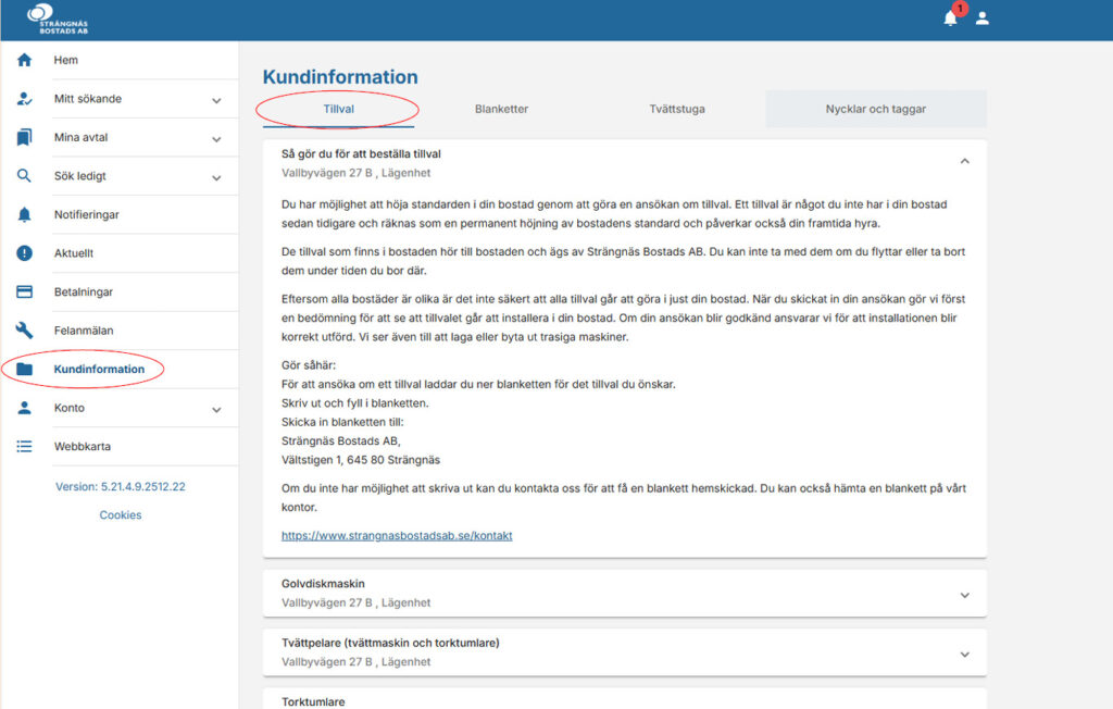 Mina sidor under Kundinformation finns tillval